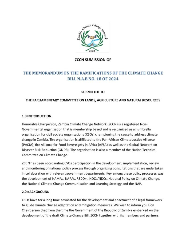 thumbnail of ZCCN-SUBMISSION OF MEMORANDUM ON THE RAMIFICATIONS OF THE CLIMATE CHANGE BILL N.A.B NO. 18 OF 2024